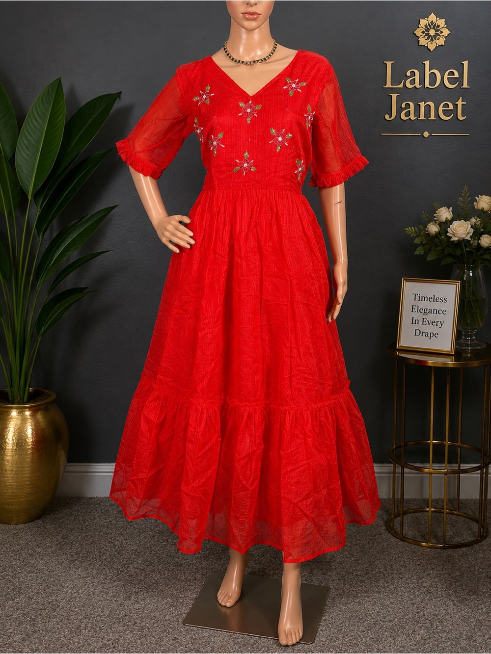 Brand new,Red Embroidered V-Neck Midi Dress for women,Bust - L (40”)